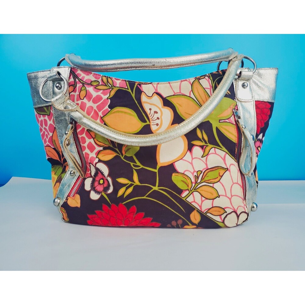 Bueno Floral Shoulder Bag Metallic Silver Trim Boho Y2K Satchel Tote Handbag